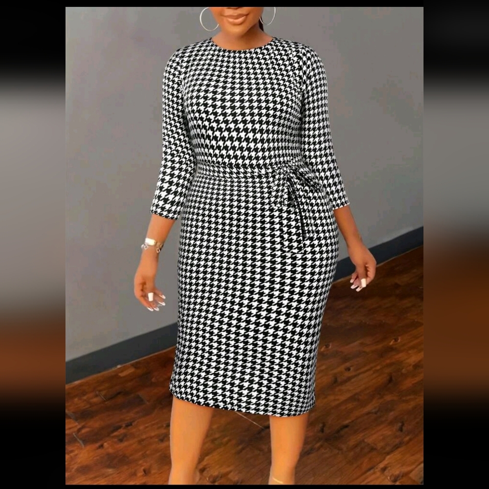 Elegant and fashionable European and American women's plus size houndstooth dres
